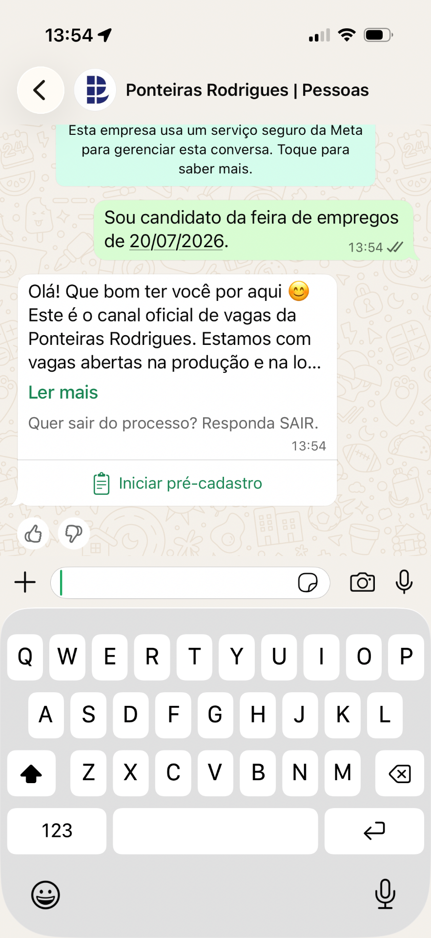 Entrada pelo canal oficial da empresa no WhatsApp — sem app, sem site, sem senha.